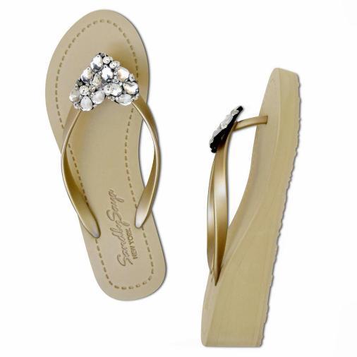 Crystal Heart Rhinestone Mid Wedge Flip Flops